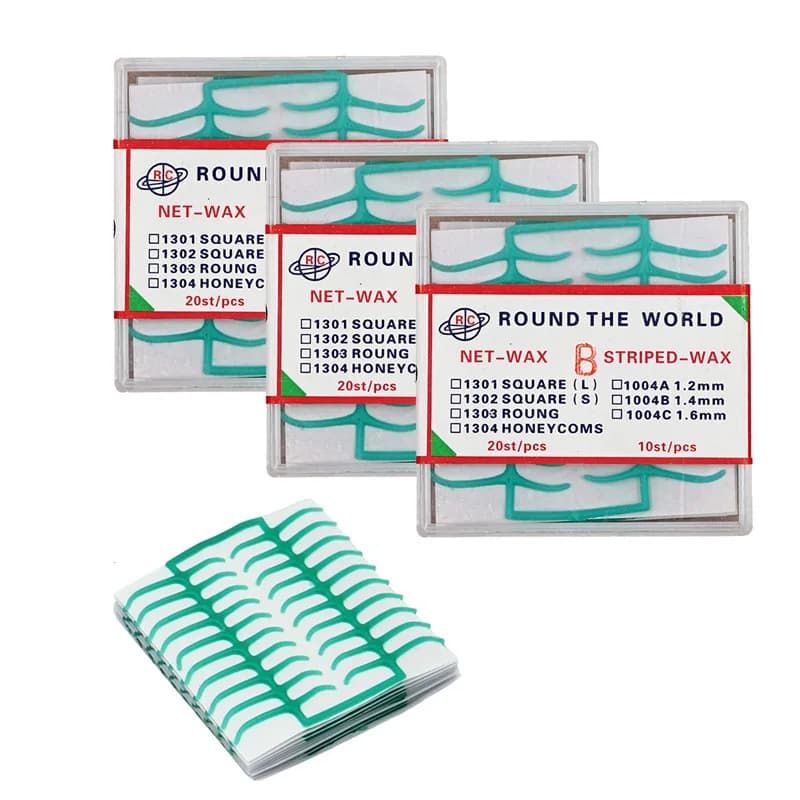2/4 scatole Materiale da laboratorio dentale Cera dentale Maglia di cera Rete a forma di chiusura Foglio di cera per strumenti dentali parziali in metallo fuso