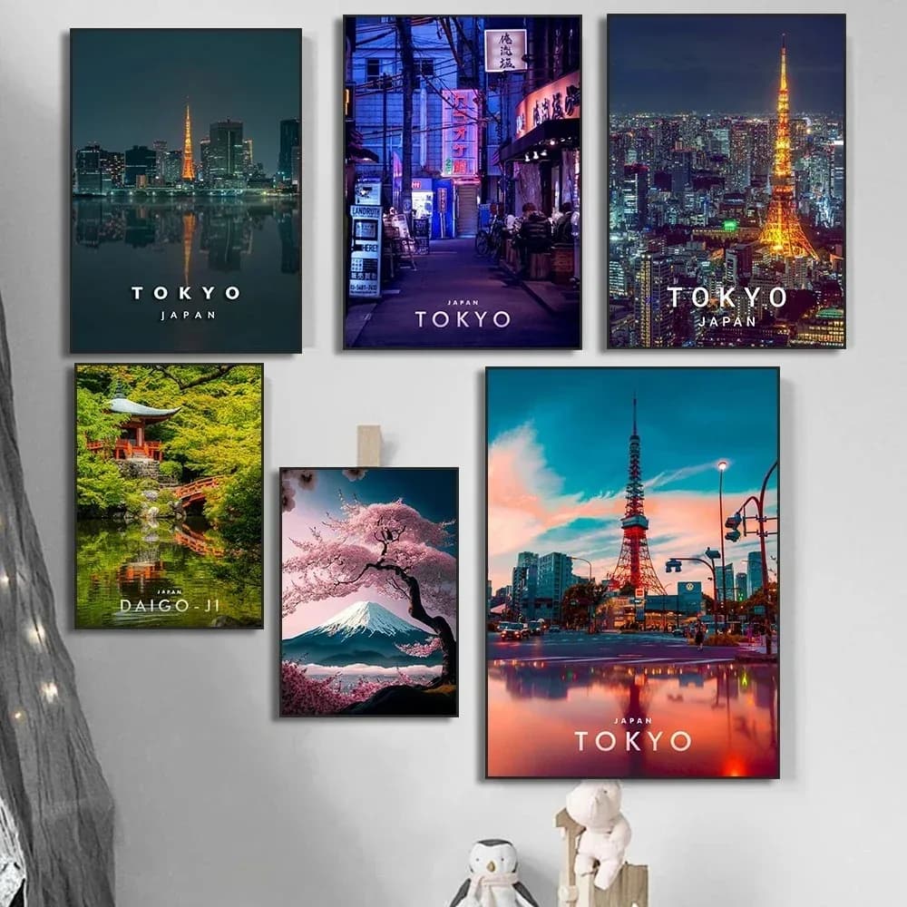 Canvas Painting Wall Art Japan Famous Scenic Area Posters Tokyo Tower Night Fujiyama Japan Pictures Prints for Home Decor