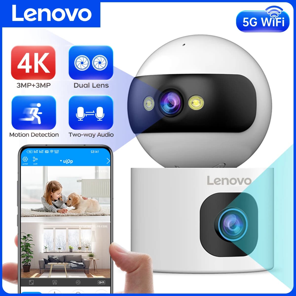 Lenovo 6MP HD IP Camera 5G WiFi Smart Home Dual Lens CCTV Camera Monitoraggio automatico Video sorveglianza a colori Sicurezza Baby Monitor