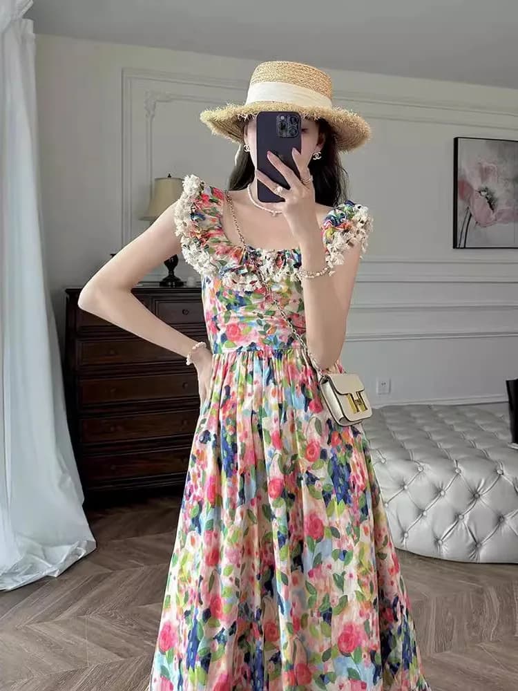 First Love Dress Summer French Gentle Fragmented Flower Oil Painting Sleeveless One line Neckline High end Beach Vacation WZEN