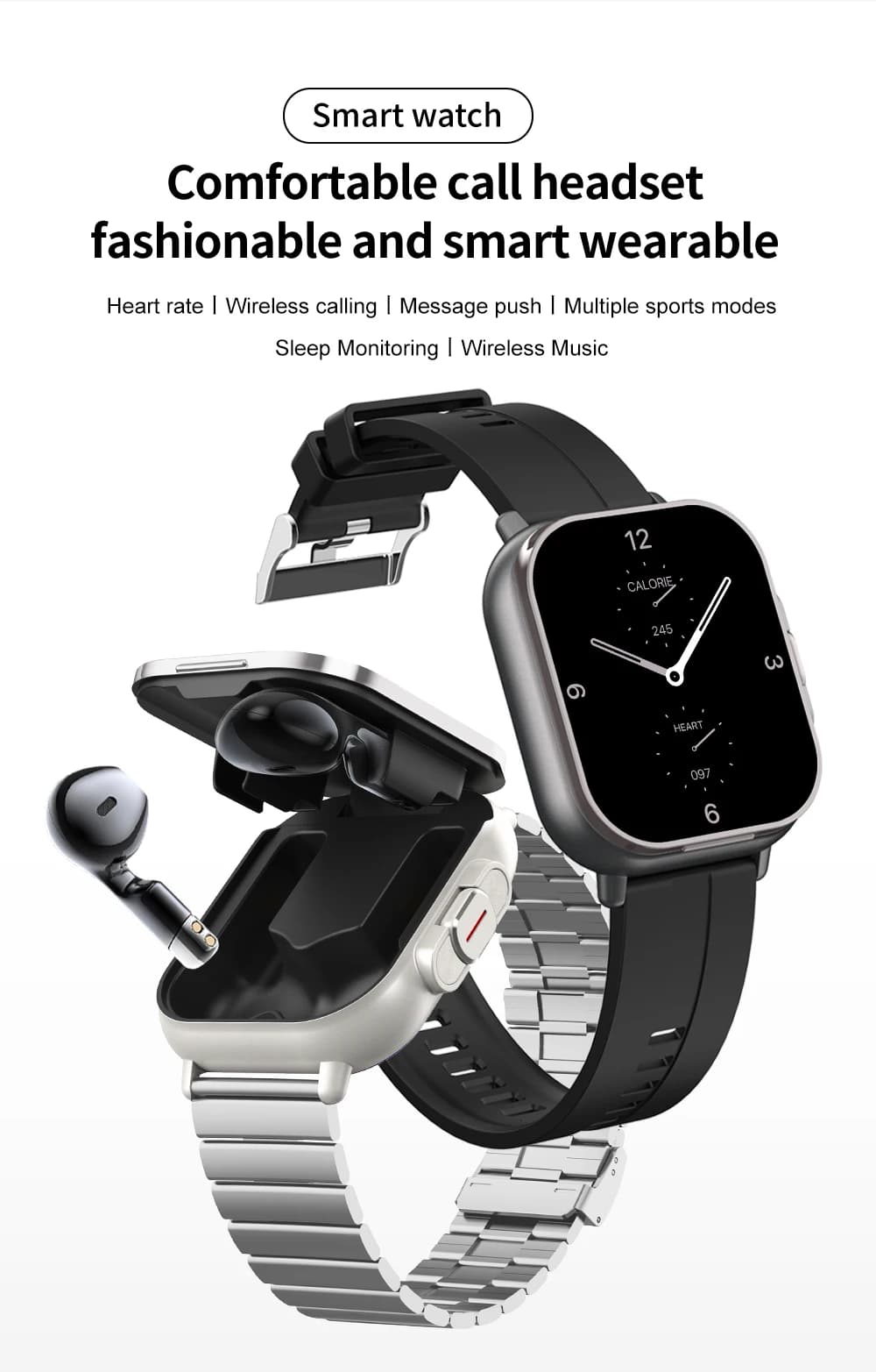 2 in 1 Smart Watch with Flip Top TWS Earbuds Wireless Bluetooth Smartwatch with Built In Earphones for Outdoor Sports Fitness