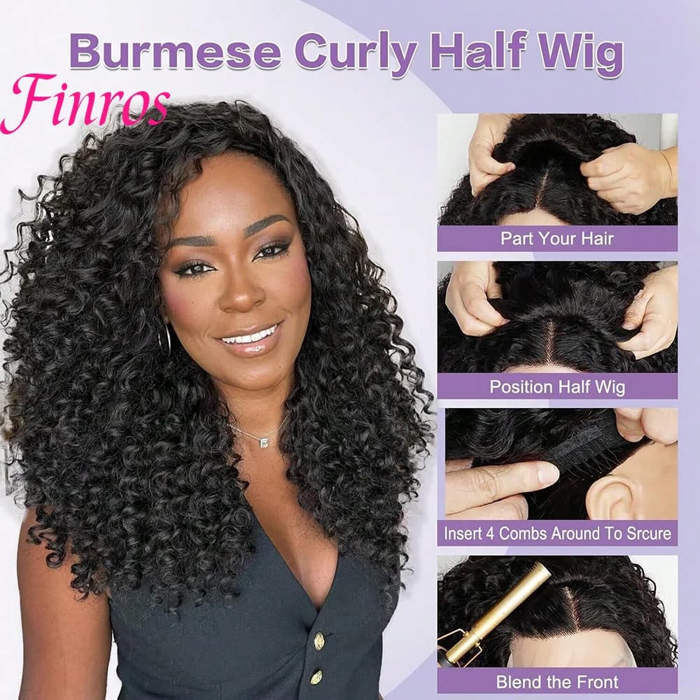 Parrucca Mezza Testa 3 IN 1 con Capelli Umani Ricci Birmani, Senza Colla, Pronta da Indossare, con Clip e Coulisse