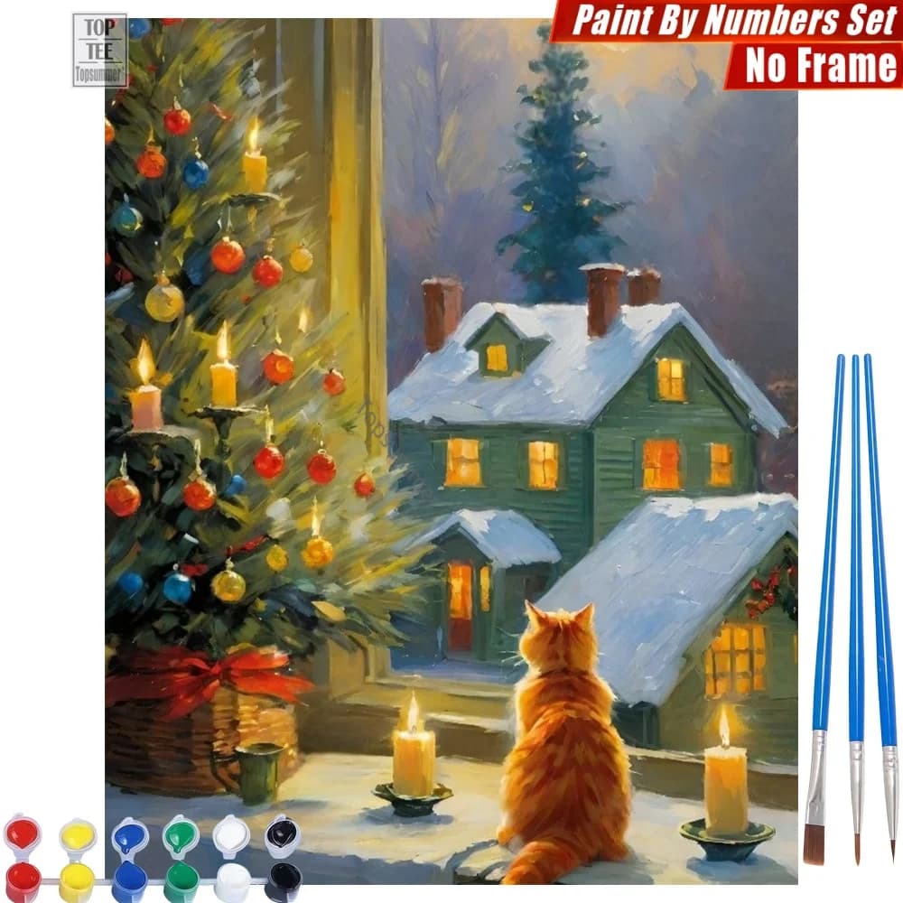 Kit Pittura a Numeri Gatto Natalizio Caldo e Accogliente - Regalo di Ringraziamento per Colleghi con Scena di Albero Tranquillo