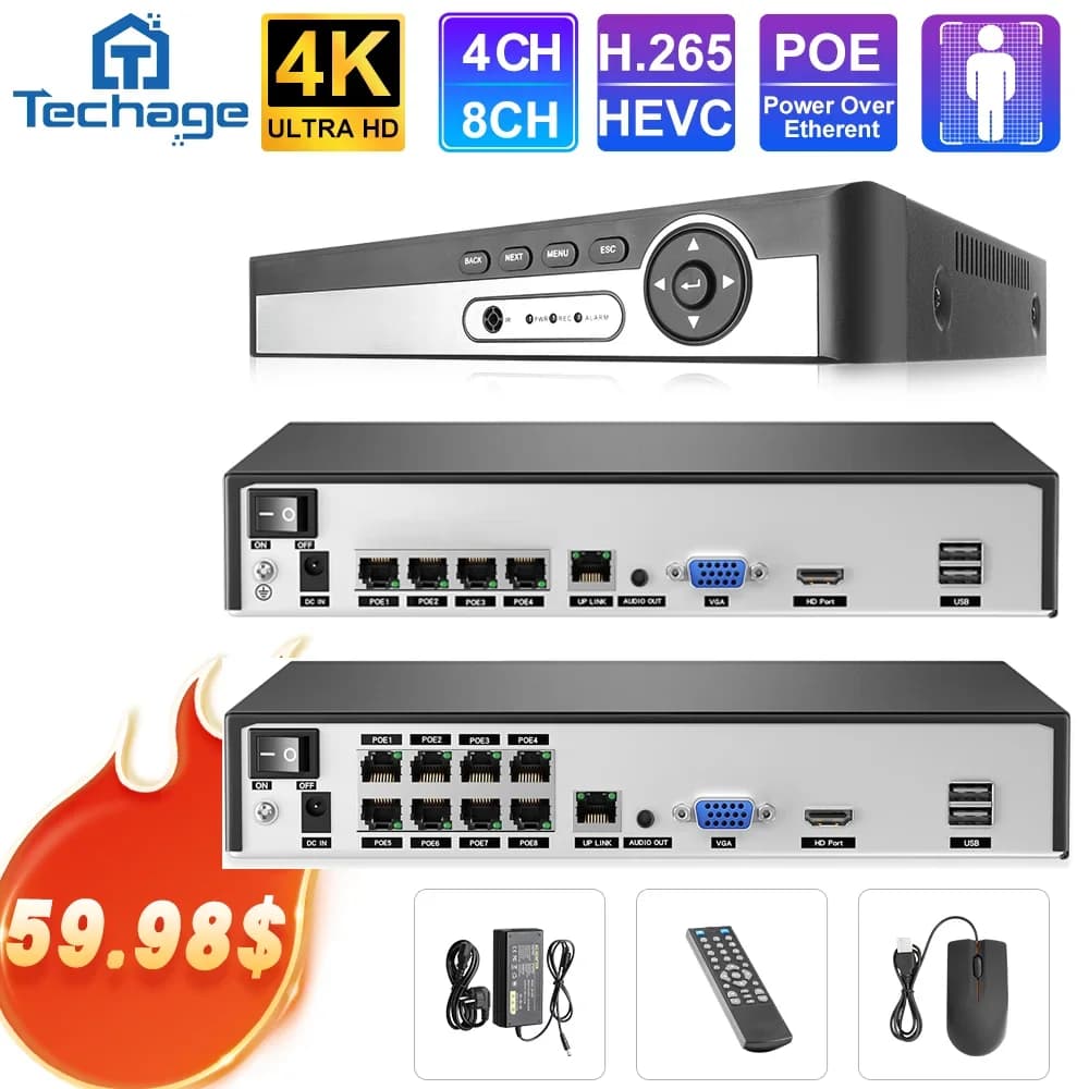 Techage NVR POE 8 Canali 5MP 8MP H.265 4K 1080P Ultra HD con Rilevamento Facciale per Telecamere IP POE di Sicurezza ONVIF