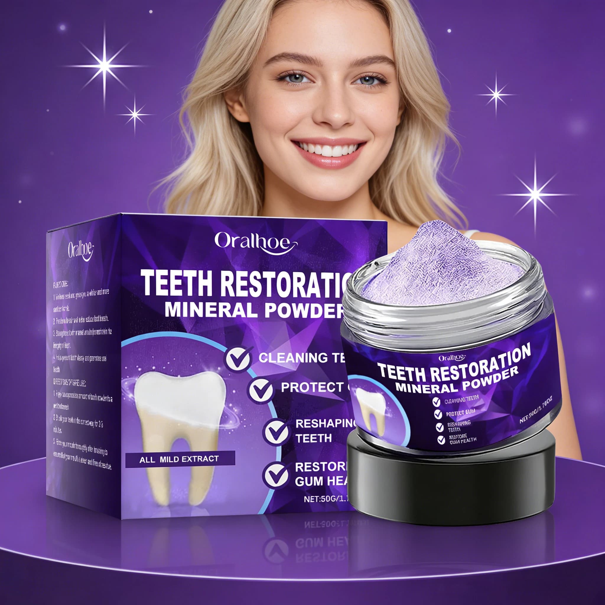 ORALHOE Polvere Minerale per il Ripristino dei Denti, Cura Orale Professionale, Rimozione delle Macchie per Denti Bianchi, Pulizia, Alito Fresco, Cura Dentale