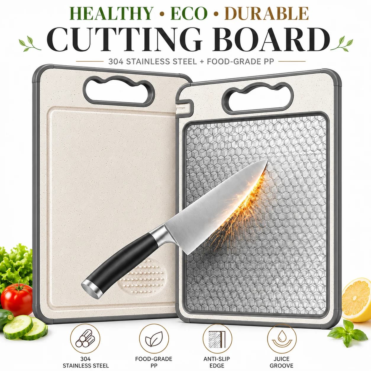 Double Sided Cutting Board 304 Stainless Steel And Wheat Straw Chopping Board With Knife Sharpener Garlic Grinder Juice Groove