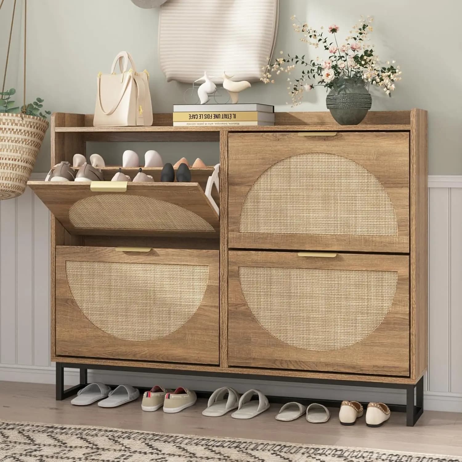 Grande Armadio Portascarpe in Rattan con 4 Cassetti Ribaltabili, Organizzatore per Scarpe Autoportante con Gambe in Metallo per Ingresso, Personalizzabile
