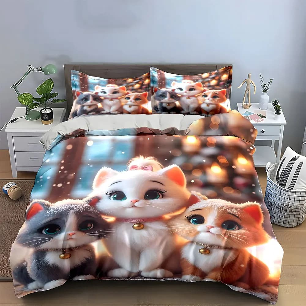 Set di biancheria da letto con decorazione invernale Cute Cat Trio con 1 copripiumino e 2 federe, singolo, matrimoniale, king, queen, regalo