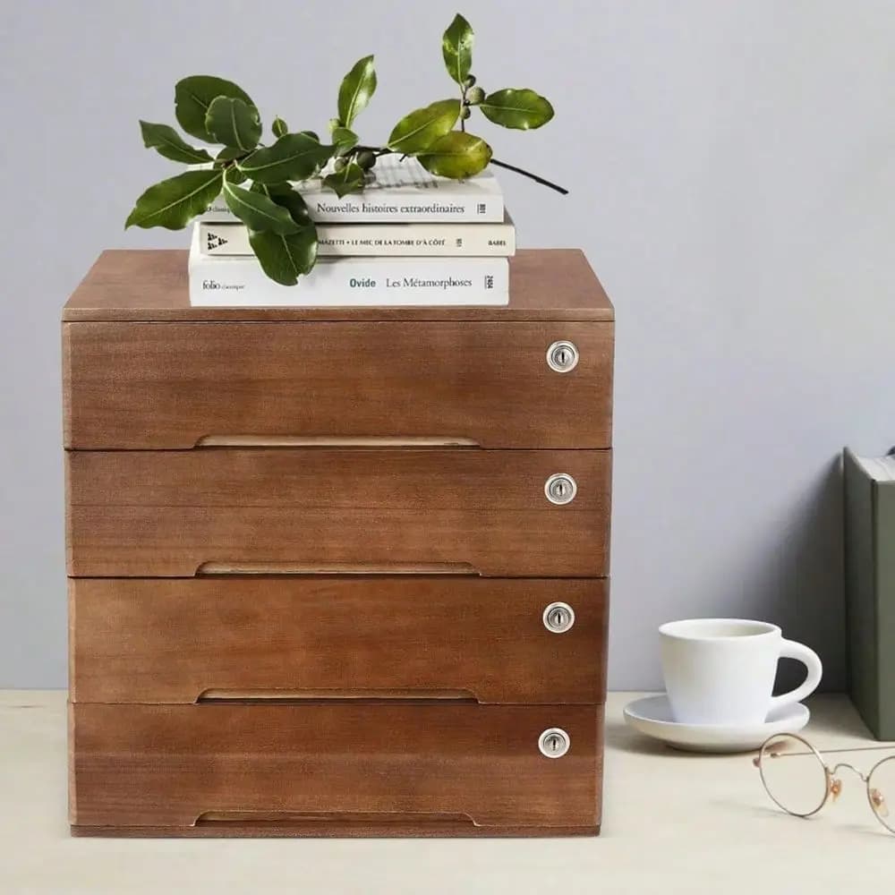 Organizzatore da Scrivania in Legno a 4 Cassetti, Contenitore Impilabile per Artigianato con Serratura, Cassetta degli Attrezzi Rustica con Cassetti, Armadietto Farmaceutico Multilivello