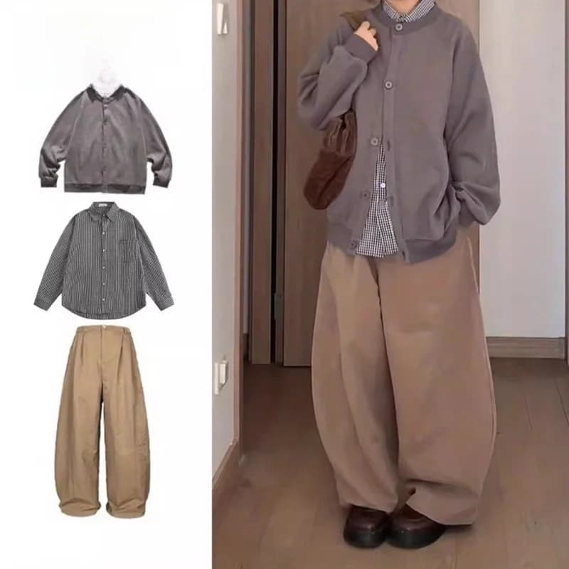 Retro Loose Fit Men's Jaet Set of Tee Autumnal Japanese Sle Pure Color Open Cardigan Hoodie Ensemble for Hiking