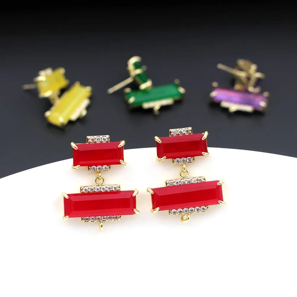 6 paia di orecchini a forma geometrica rettangolare con punte CZ, connettori per borchie in pietra naturale rossa verde nera, anello aperto, gioielli fai da te