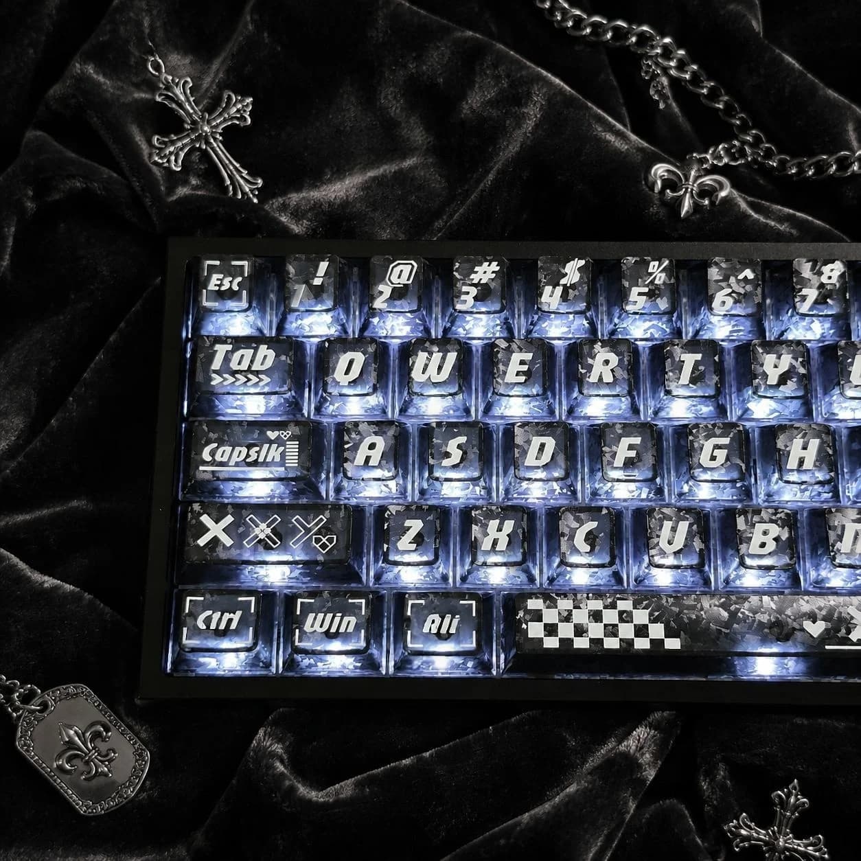 Printstream Black Carbon Fiber Texture Transparent PC Keycaps Double Shot Cherry Profile keycap for Gateron Mechanical Keyboard