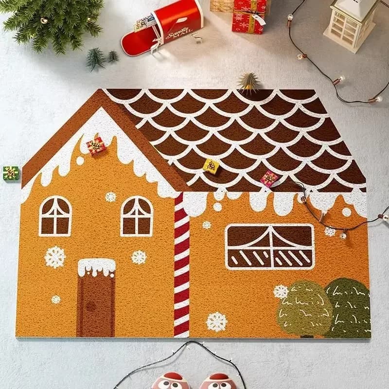 Christmas Gingerbread House PVC Wire Loop Doormat Non-Slip Dirt Trapping Entrance Mat, Easy Clean Holiday Front Door Floor Rug