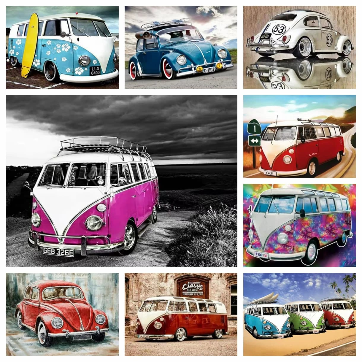 Pittura Diamante 5D Fai da Te, Scenari Cartoon con Auto Beetle e T1 Bus, Ricamo a Mosaico Rotondo Completo, Punto Croce, Decorazione Casa, Paesaggio