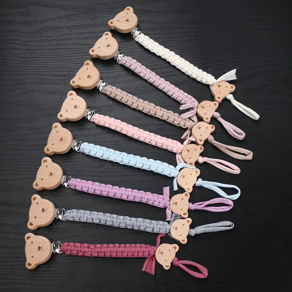 Catena per ciuccio per bambini Legno di faggio Clip per capezzoli per animali Corda di cotone intrecciata per succhietto per neonati Catena per porta ciuccio Giocattoli da masticare per allattamento