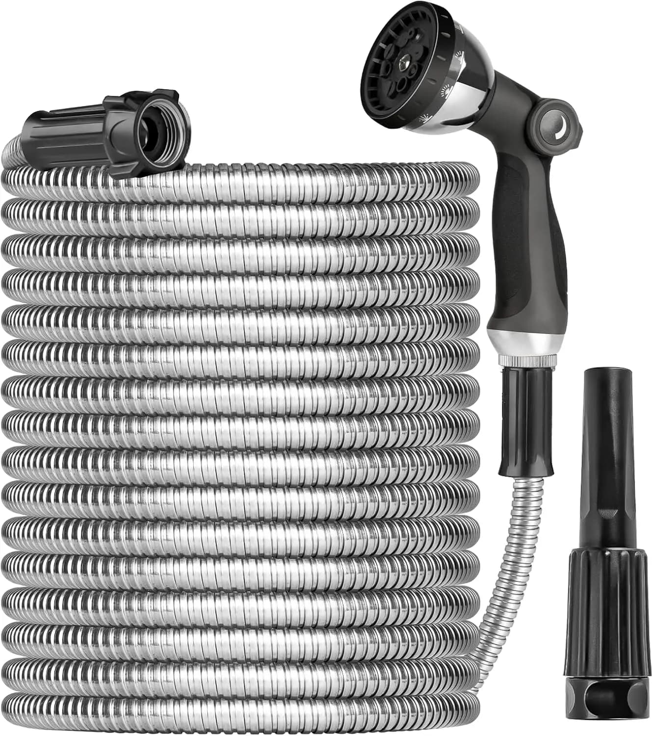 Tubo da Giardino in Acciaio Inossidabile da 45 Metri con Spruzzatore, Flessibile e Antiforatura per Giardino, Camper
