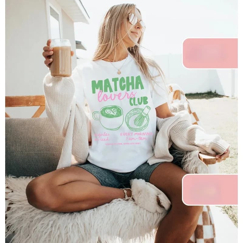 T-shirt da donna Matcha Lovers Club, unisex, in cotone, streetwear, oversize, casual, a maniche corte, con grafica