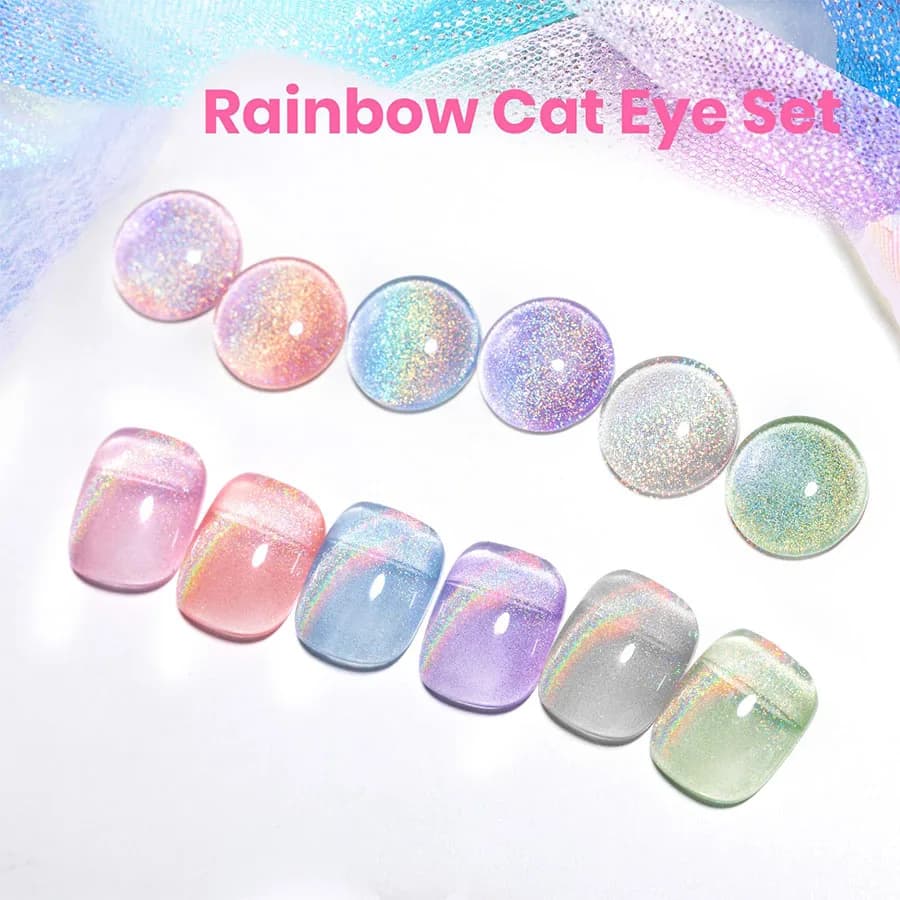 QAZIXU Set di 1/6 Smalti Gel Effetto Occhio di Gatto Arcobaleno, Gel Magnetico Blu, Rosa e Viola, Semipermanente, Soak Off UV LED per Nail Art