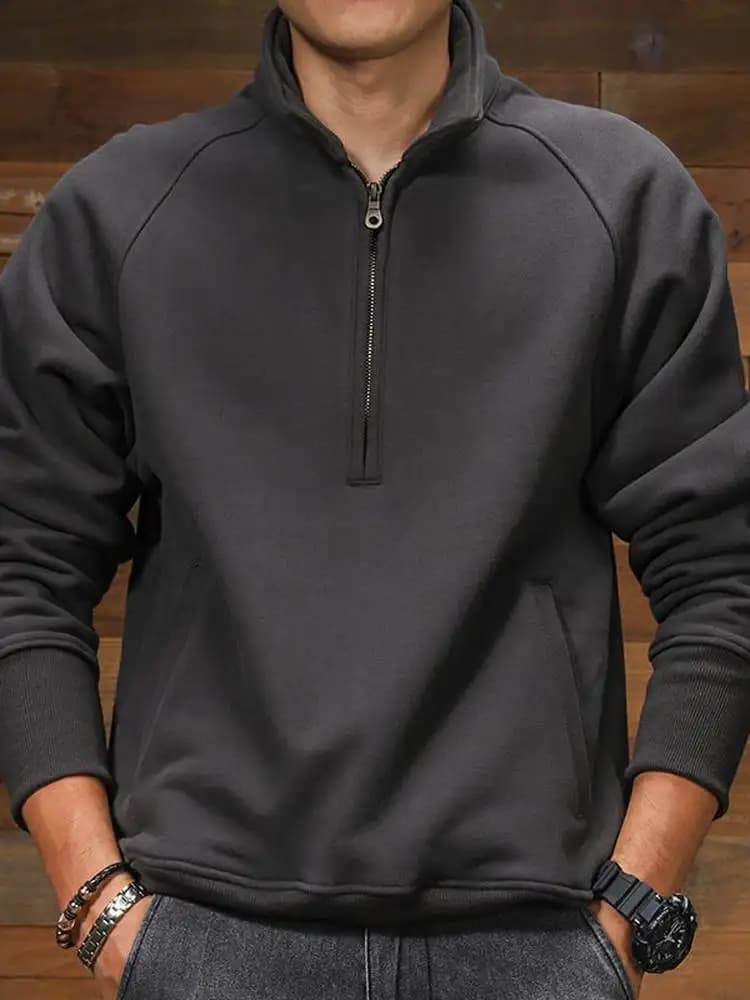 Thickened Half Zipper Hoodie Men's Autumn Winter Stand Collar Workwear Jacket Youth Casual Style Regular Sleeve Pure Color