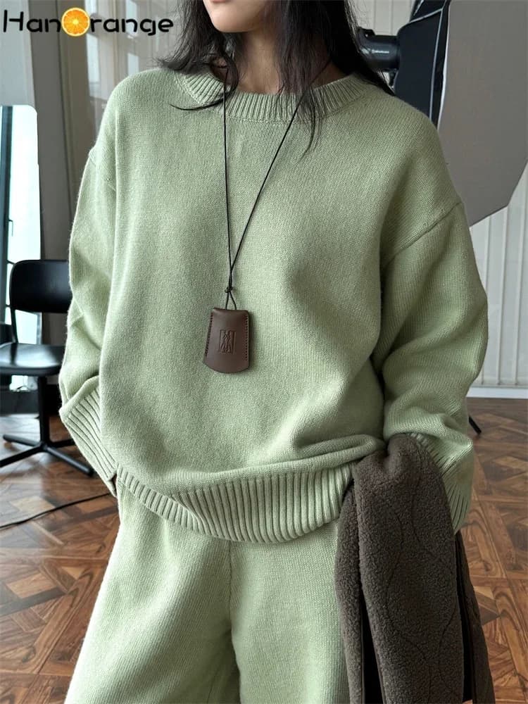 HanOrange 2026 Winter Lazy Relaxing Wool Sweater Women Loose Soft Sticky Skin Friendly Knitting Top Dark Gray/Light Green