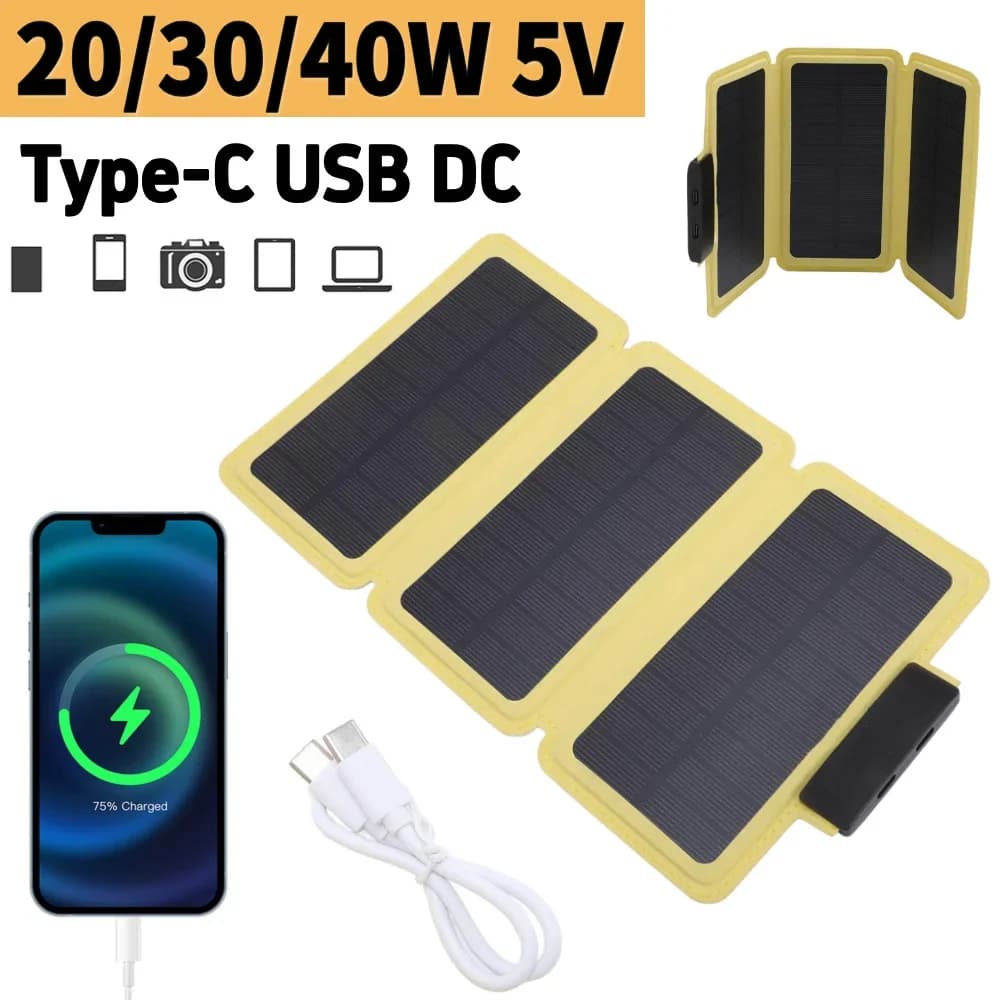 Solar Panel 20W 30W 40W Foldable Portable USB Type-C Solar Mobile Power Battery Charger For Hiking Camping Mobile Power Bank