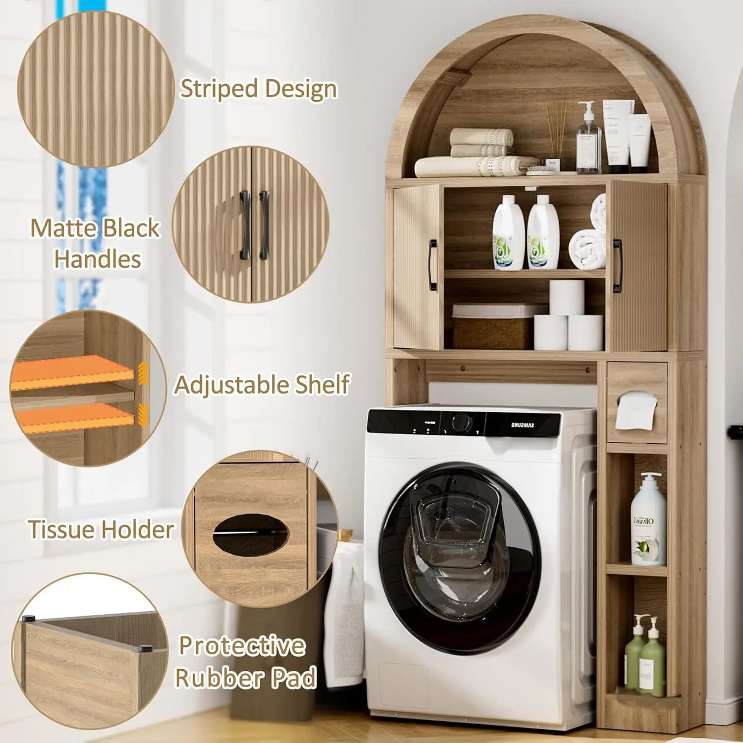 Mobiletto Salvaspazio da Bagno Sopra il WC, Scaffale Organizzatore Autoportante con Design ad Arco, Porta Carta Igienica, Antiribaltamento, in Legno, Personalizzabile