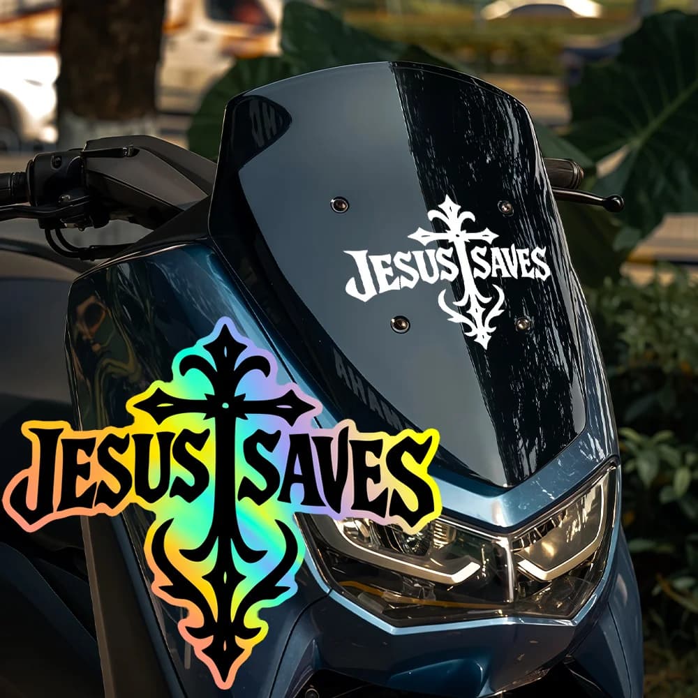 Adesivo in Vinile Impermeabile Autoadesivo con Croce e Scritta 'Jesus Saves' per Auto, Moto, Bici, Casco, Laptop