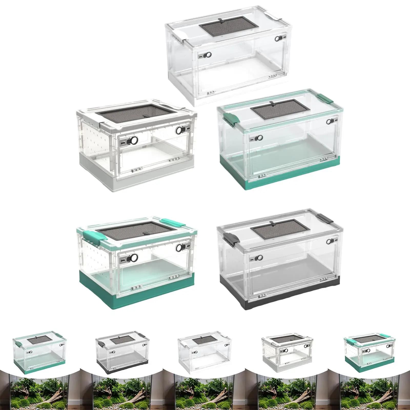 Serbatoio di allevamento per terrario per rettili pieghevole trasparente Versatile doppio accesso con coperchio scorrevole Manopola anteriore Porta scatola ventilata