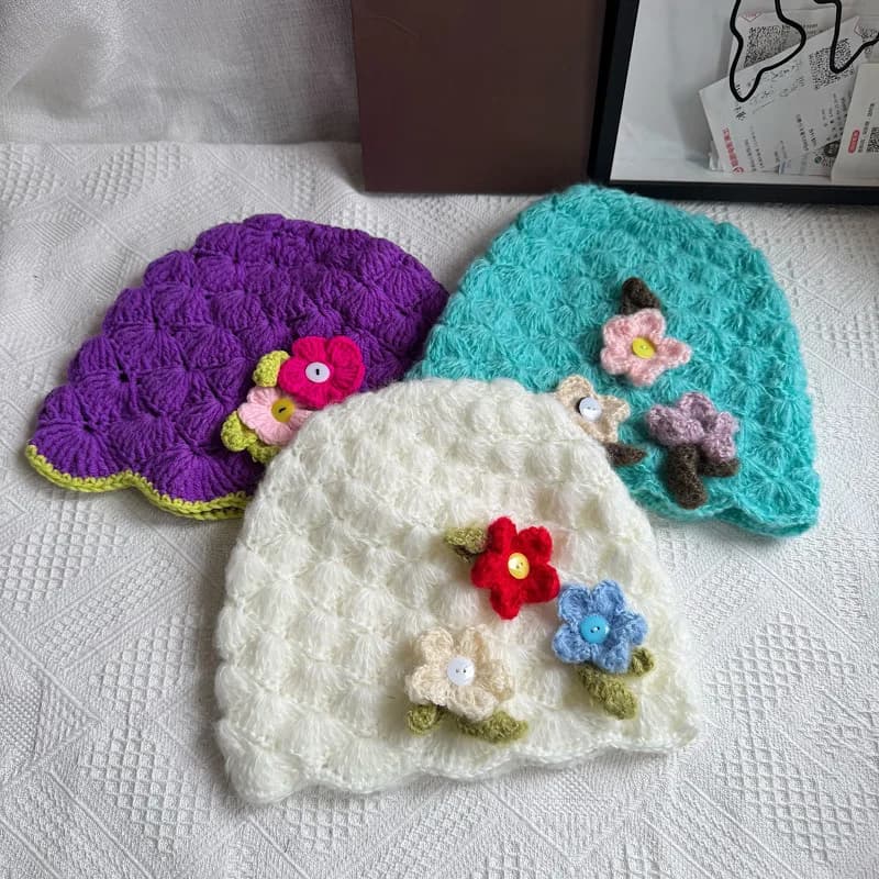 Ethnic Style Colored Flower Knitted Beanie Cap Women's Autumn Winter Warm Wool Hat Handmade Stitch Crochet Pullover Hat