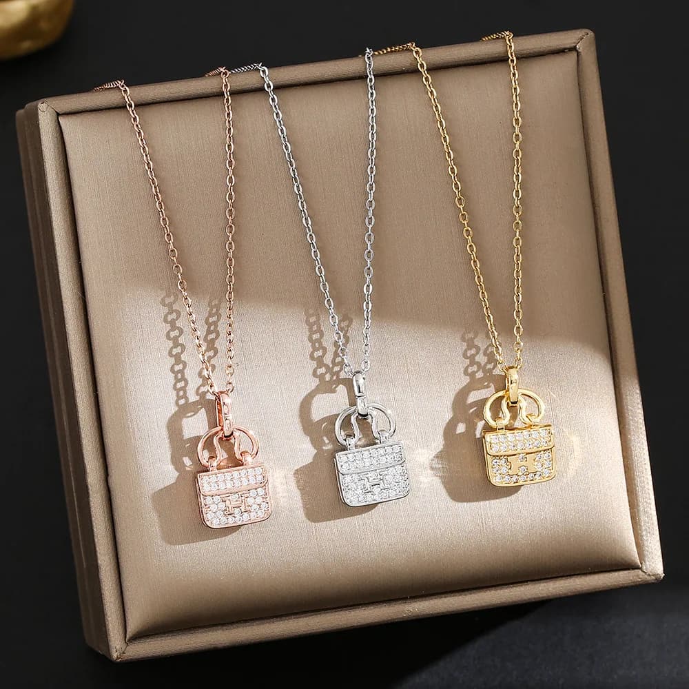 Shiny Mini Handbag Lock Pendant Necklace,Full Zircon Paved Chain Jewelry,Fashion Daily Outfit Accessory
