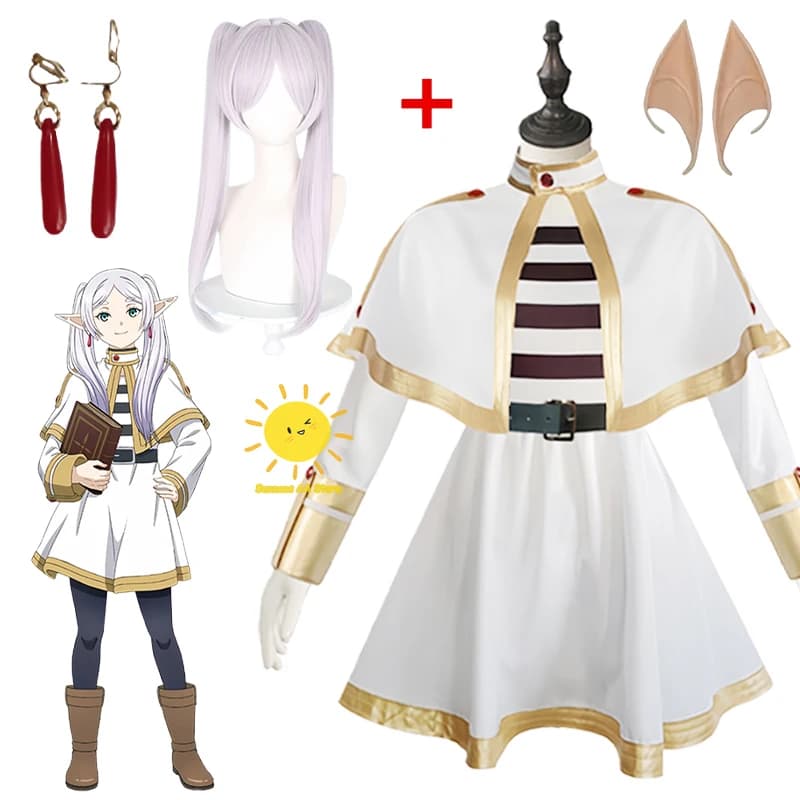 Costume Cosplay Anime Frieren: Oltre la Fine del Viaggio, Abito con Mantello, Orecchie, Parrucca, Completo Frieren per Halloween e Carnevale, per Donne