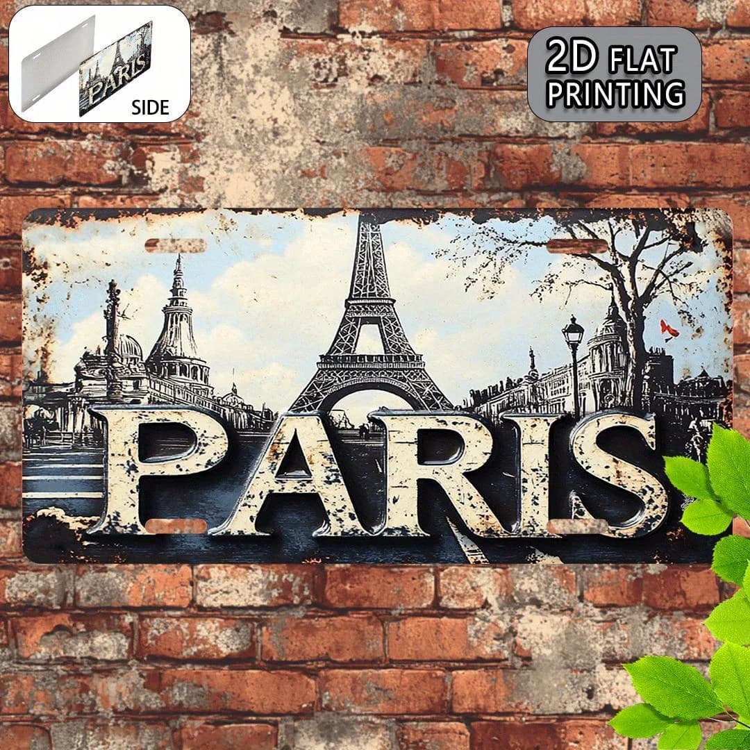 Targa in Alluminio Stampata 2D Vintage con Torre Eiffel di Parigi, Francia, Stampa Rustica ad Alta Definizione