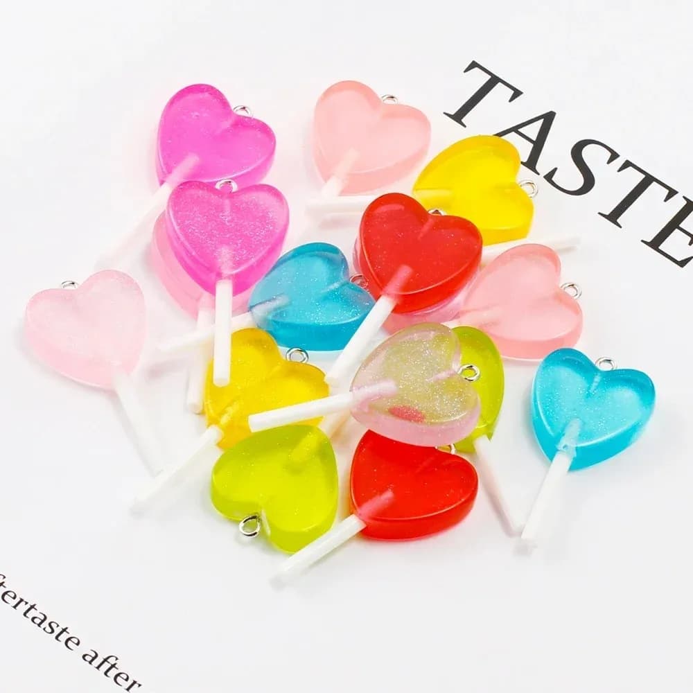 Kawaii Glitter Heart Lollipop Resin Pendants 10Pcs Sparkly Candy Charms Handcraft Ornaments For Earrings Keychain Making