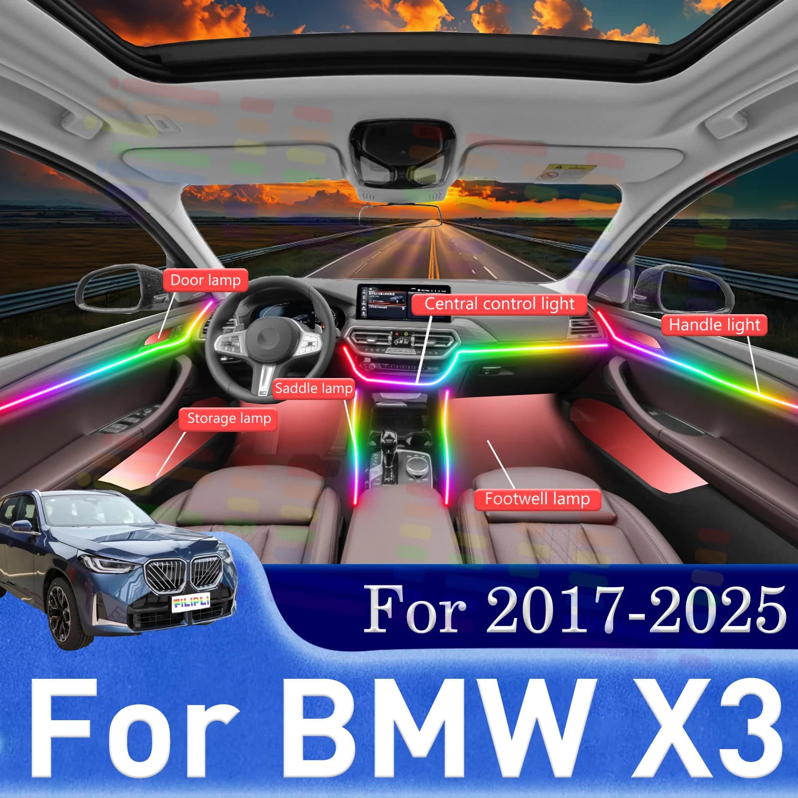 20 in 1 per BMW X3 F25 G01 G45 Lampade LED Ambientali per Auto, Luci Atmosfera Colorate, Striscia Neon per Interni Auto, Illuminazione RGB 64 Colori