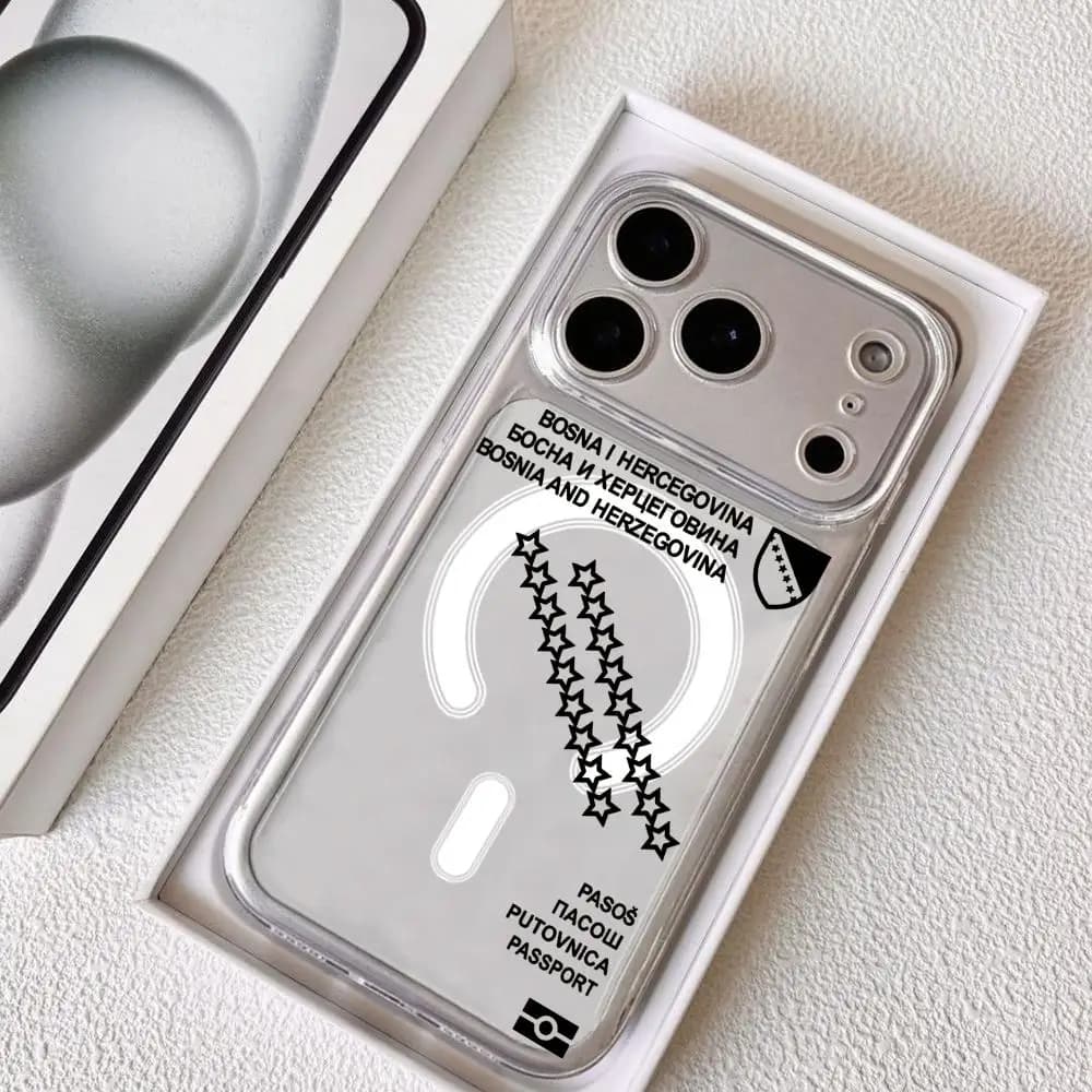 Custodia Magnetica Trasparente per iPhone 17-12 Pro Max Plus con Design Passaporto Bosnia Erzegovina, Cover Sottile Trasparente per Ricarica