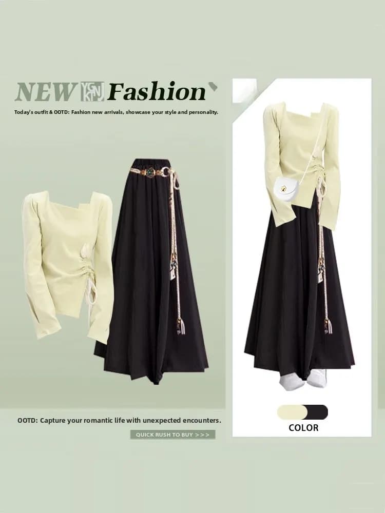 Gentle Spring Green Long Sleeve T-Shirt Top High Waist Drawstring Square Collar Two-Piece Set Women's Fashion Loose Fit Pants