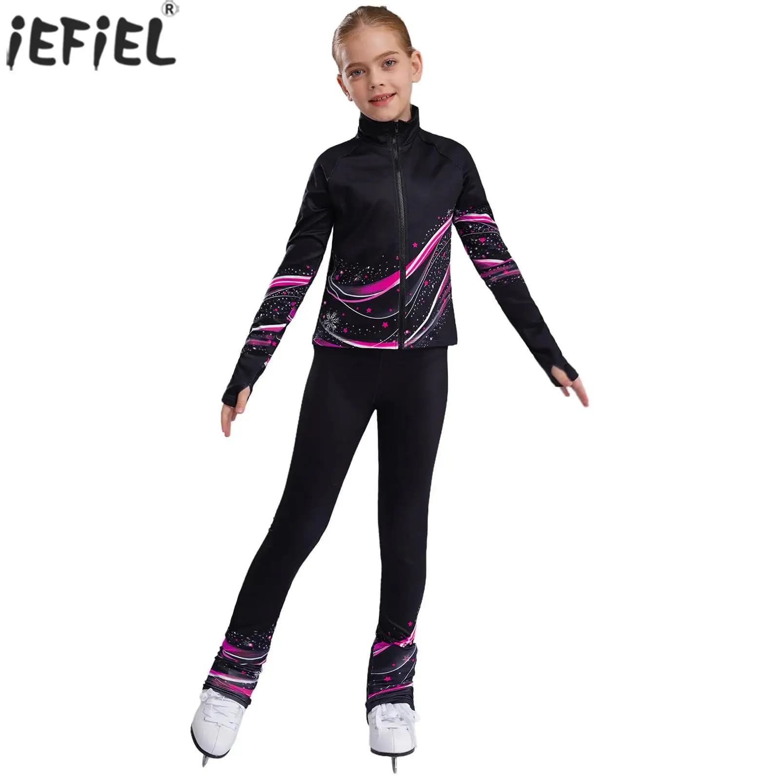 Felpa da pattinaggio di figura in pile per bambina, giacca con pantaloni leggings, set per ginnastica, pratica di danza, allenamento yoga