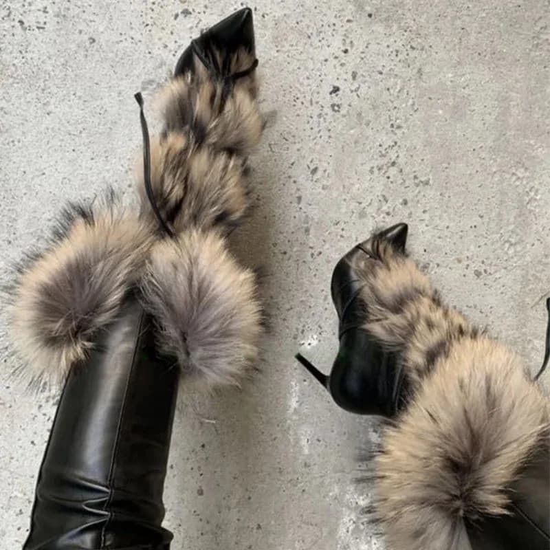 Inverno Racoon Vera Pelliccia Cinturino Sottile Fasciatura Stivaletti Tacchi Alti A Spillo Soffice Pelliccia Avvolto Stivali A Punta per Donna