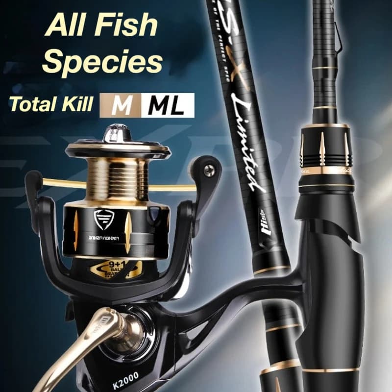 Canna da spinning e mulinello in fibra di carbonio, potenza M ML, con cuscinetti K2000 9+1 per la pesca in acqua salata e dolce, ideale per principianti.