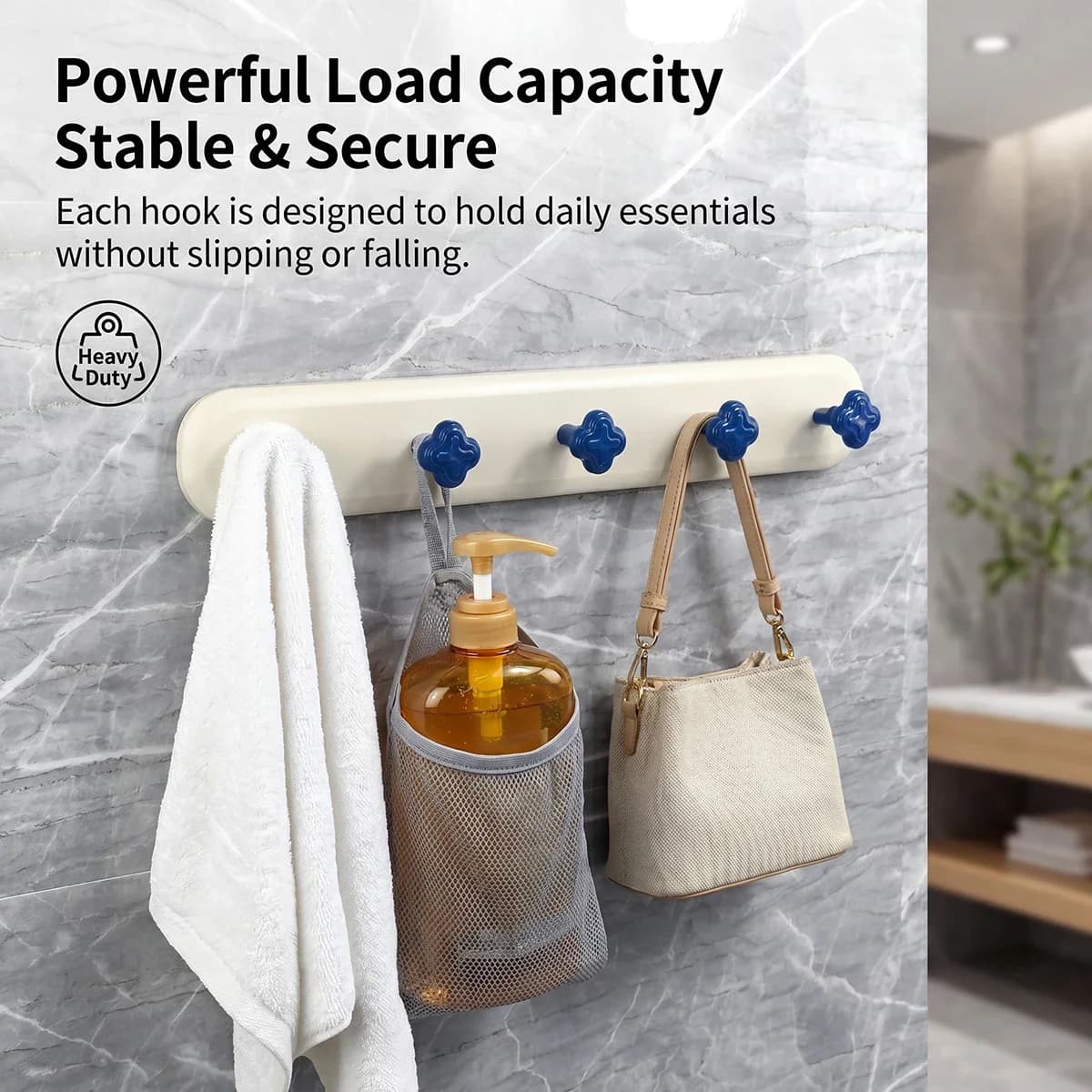 Appendiabiti da bagno bianco con fiori blu Klein a contrasto, stile a 5 ganci, con ventosa non perforante, senza cuciture, per ingresso bagno