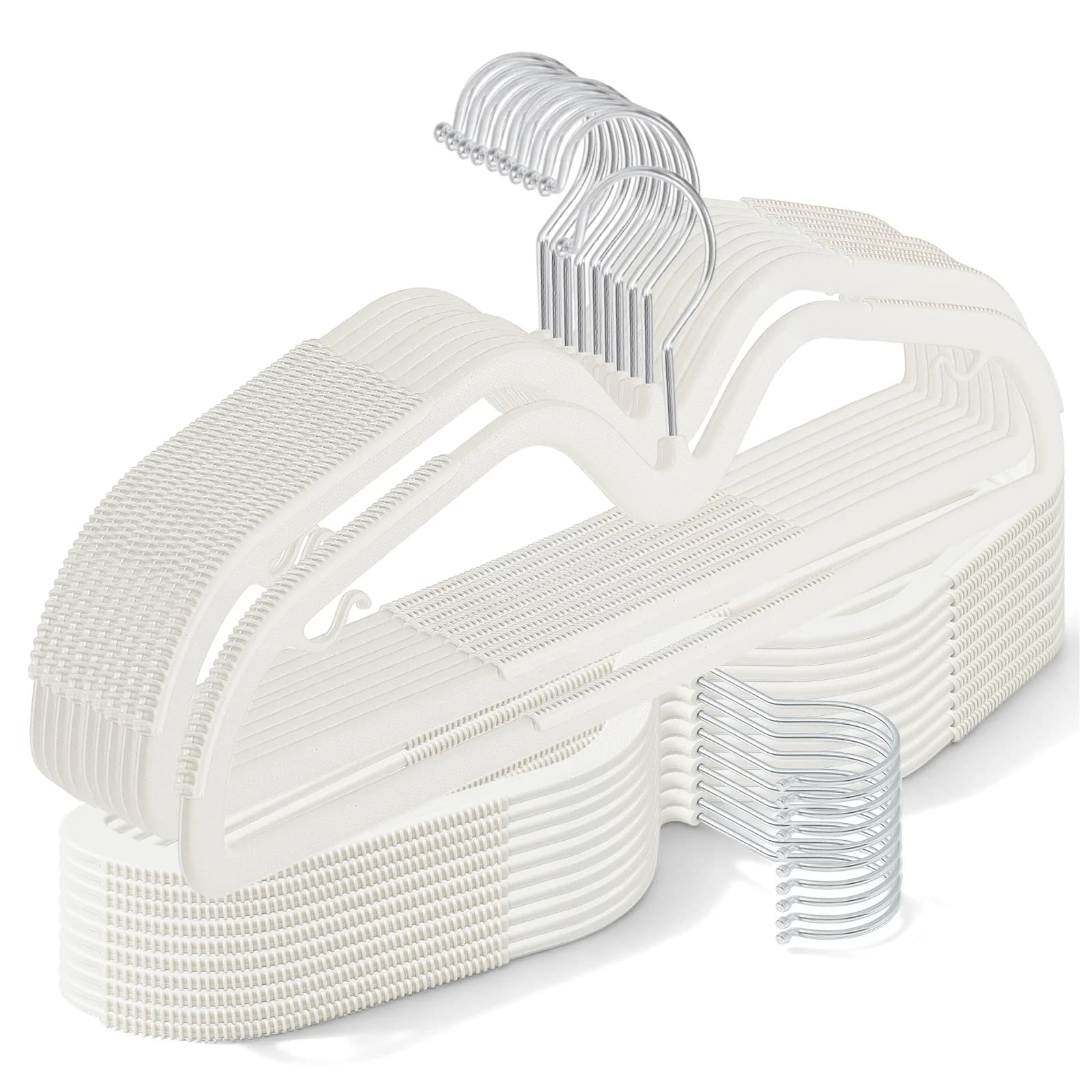 50 Pezzi Appendiabiti in Plastica a Collo Corto Migliorati, Antiscivolo Salvaspazio con Ganci Girevoli a 360 Gradi per Vestiti, Lisci, Non Vellutati (Beige)