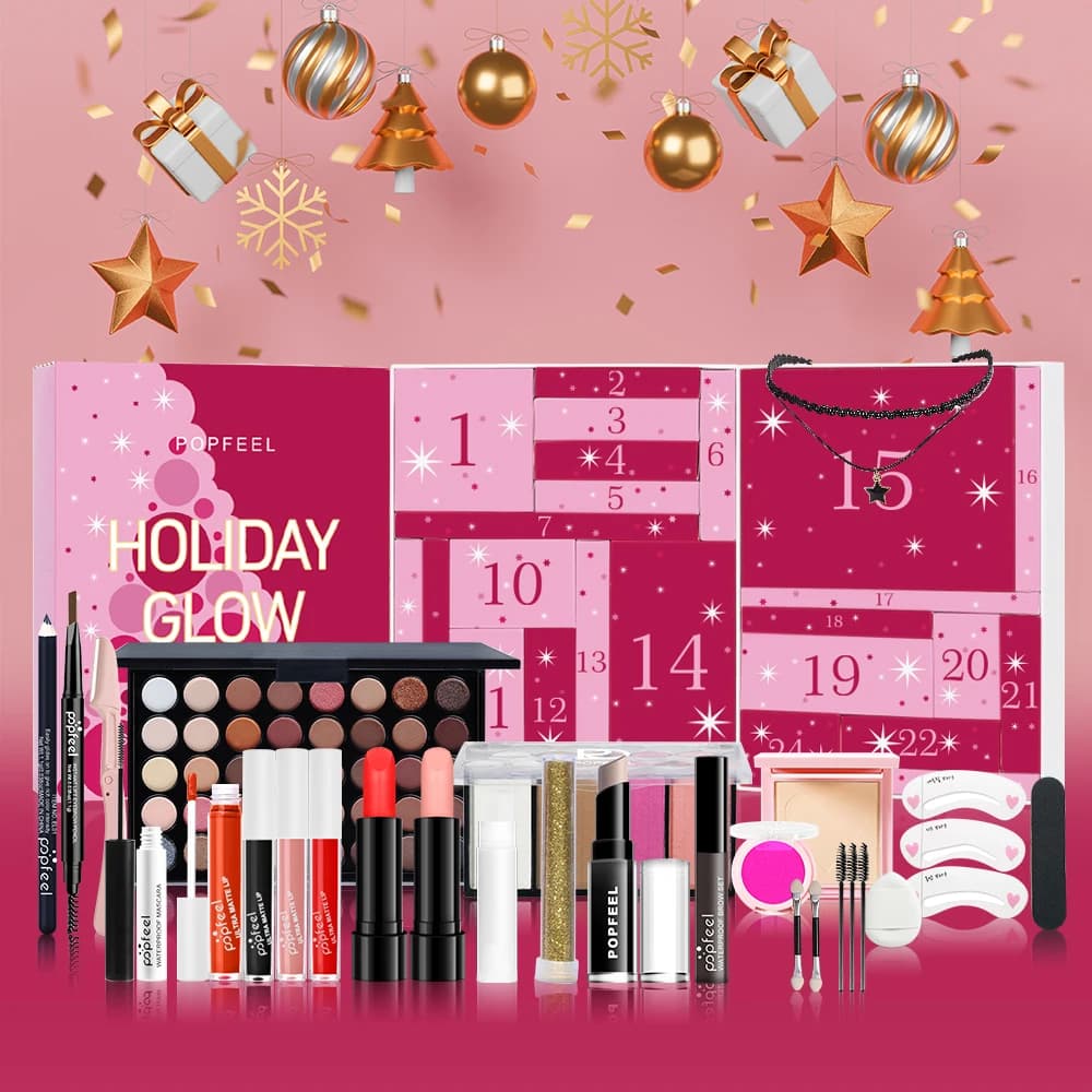 POPFEEL Calendario dell'Avvento Holiday Glow 24 Giorni, Set Completo di Trucco con Prodotti per la Cura della Pelle, Pennelli e Cosmetici, 24 Sorprese in Confezione Regalo di Bellezza