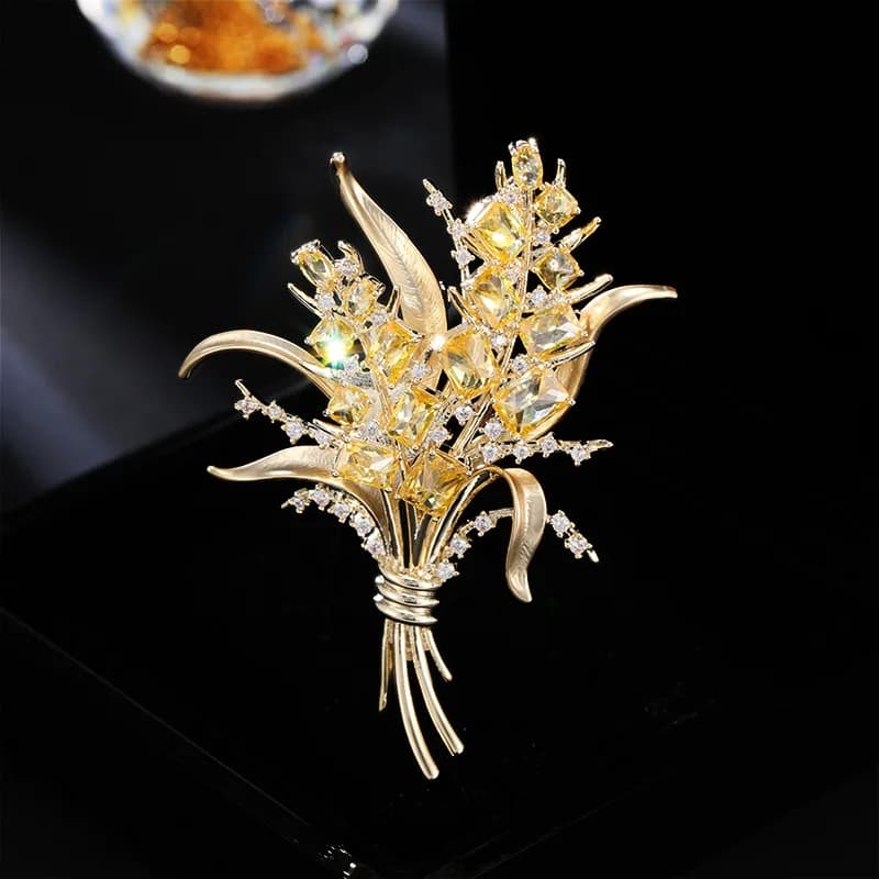 Spilla a punta di grano in raccolto d'oro di fascia alta europea e americana con intarsio in zircone Spilla elegante per giacca da cappotto premium
