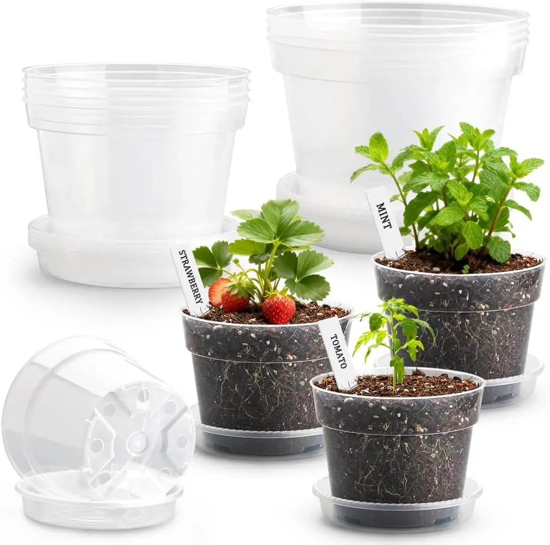 12 Pack Clear Plastic Plant Pots with Drainage Holes: 10/8/6 Inch Sizes, Sturdy Transparent Nursery Planters with Saucers, Plant Labels, and Gardening Gloves - Ideal Seed Starter Pots for Planting Herbs, Vegetables, and Flowers