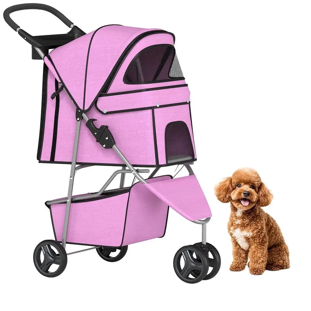 3 Wheels Pet Dog Stroller Cat Cage or Medium Small Dogs Cats Travel olding Carrier Waterproo Puppy Stroller with Cup Holder & Re