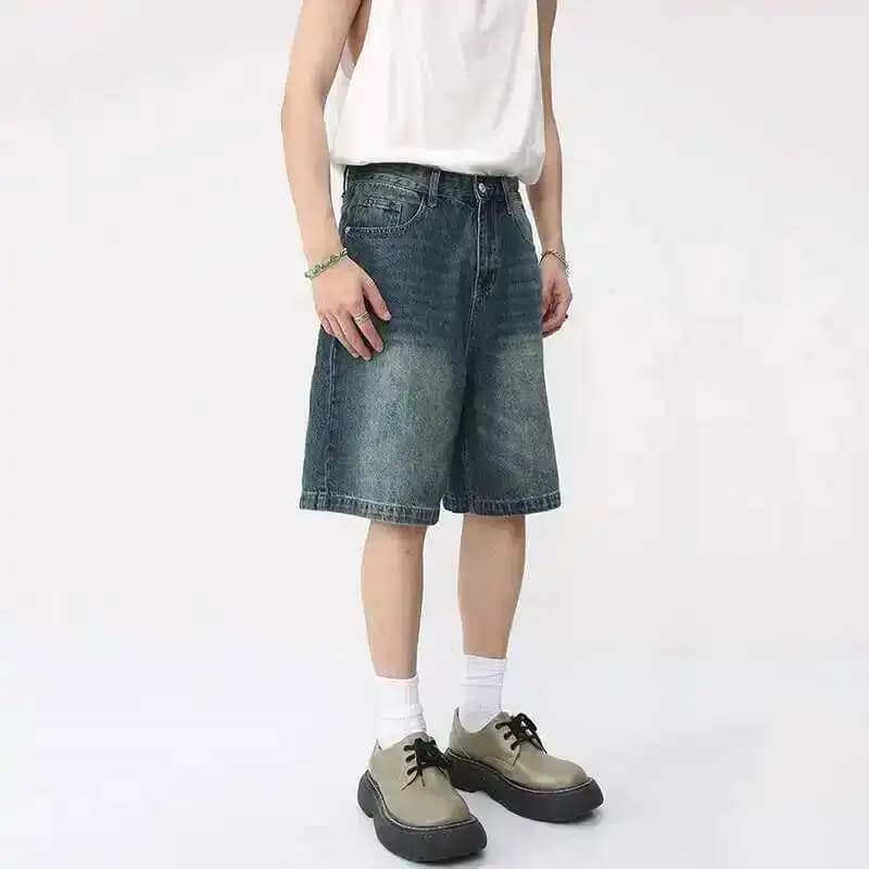 Summer Denim Shorts Men's Loose Korean Style Retro Short Jeans Fashion Washed Casual Knee Length Pant New Streetwear