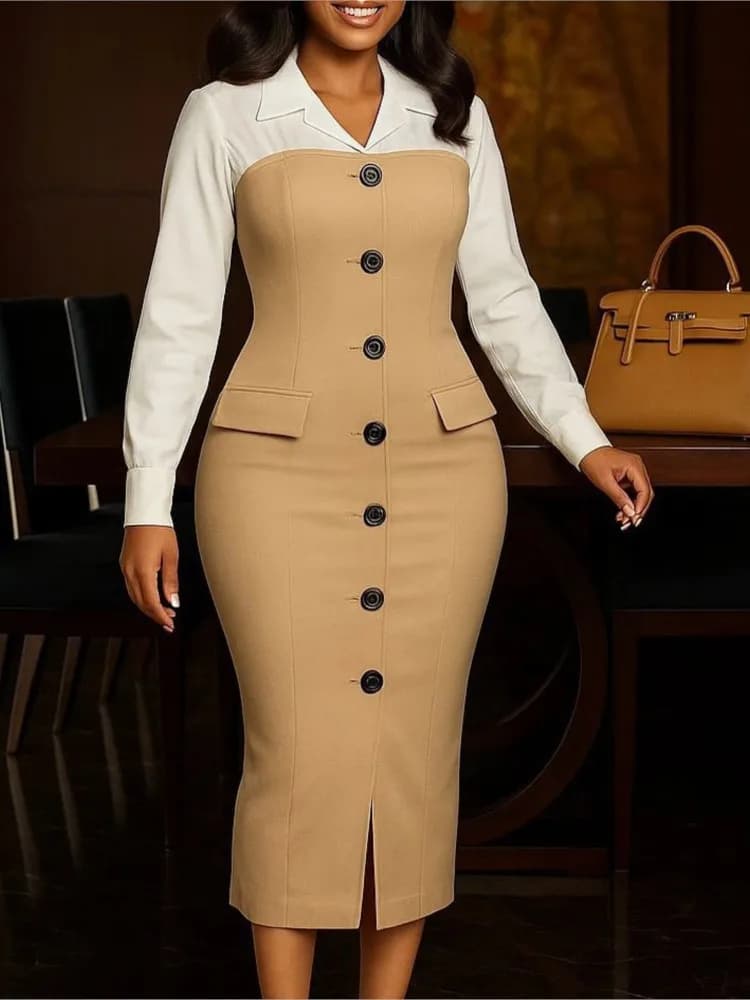 Abito alla moda autunno inverno Abito da donna elegante professionale a maniche lunghe Colletto con cuciture Bottoni Gonna a tubino per pendolarismo