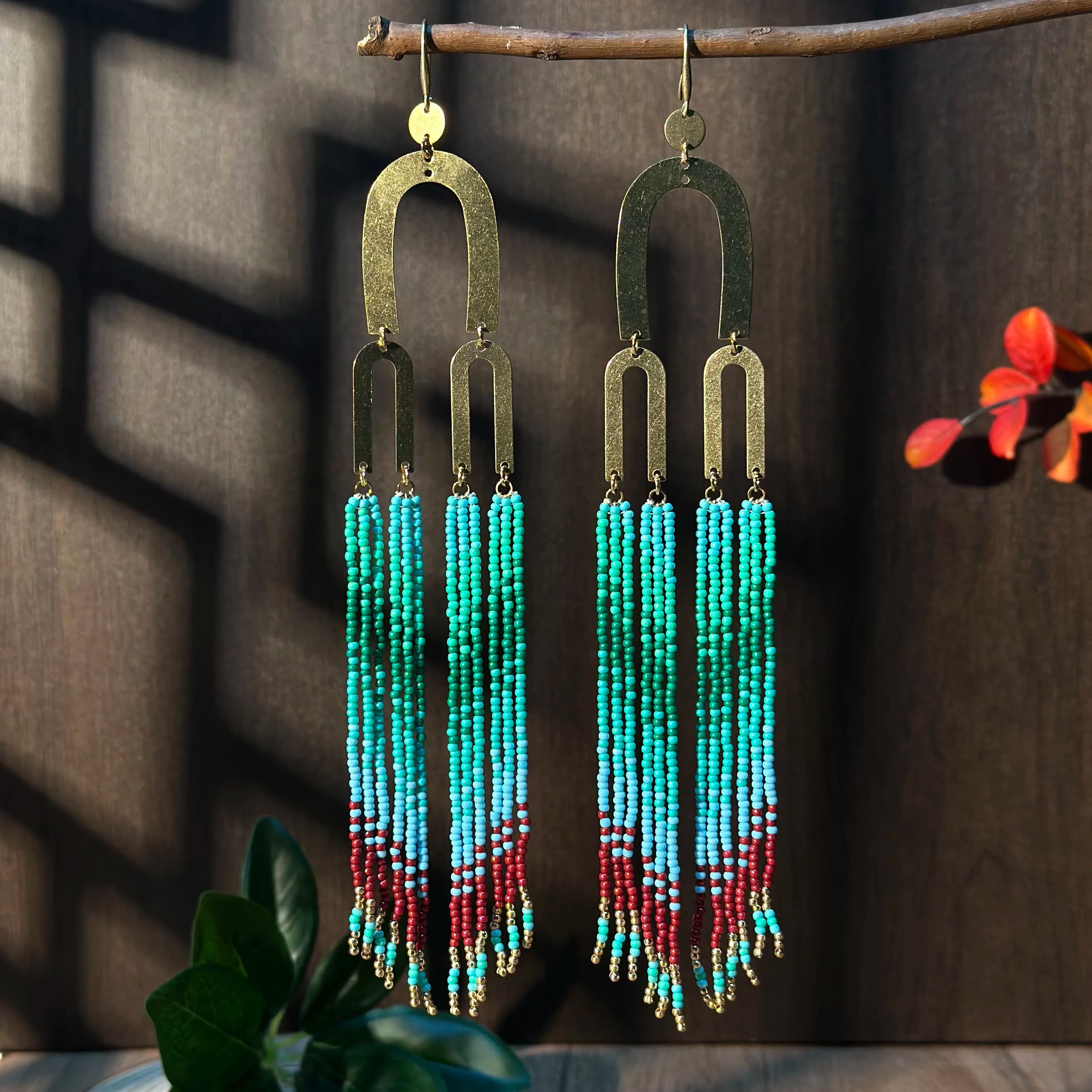 Bohemian Glass Bead String Earrings Geometric Design U-Shaped Metal Seed Bead Tassel Earrings Women's Daliy Wear Fashion Jewelry