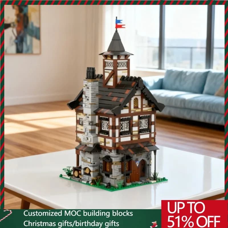 Set di Costruzioni MOC da 2556 Pezzi, Modello di Casa Tudor Medievale in Stile Europeo, Idea Creativa Fai-da-Te, Giocattolo Natalizio per Bambini, Puzzle da Assemblare, Regalo di Compleanno