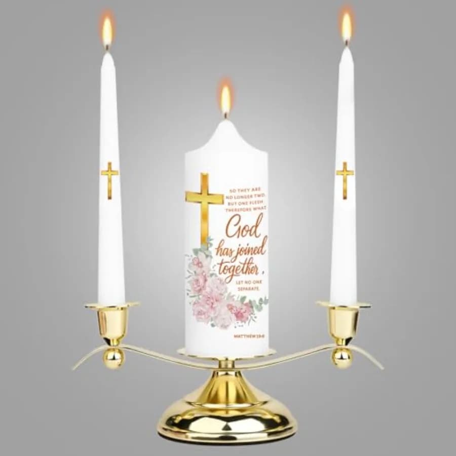 Candele Floreali Unity per Cerimonia con Supporto in Metallo, Candela Nuziale con Croce e Scritta, per Matrimoni Cristiani e Cattolici